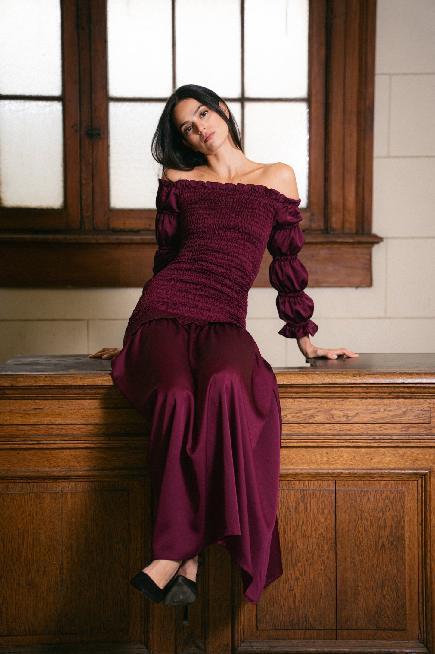Vestido Panal Bardot Borgoño