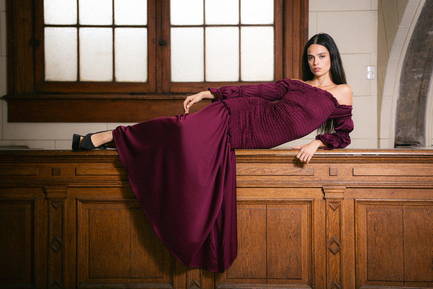 Vestido Panal Bardot Borgoño
