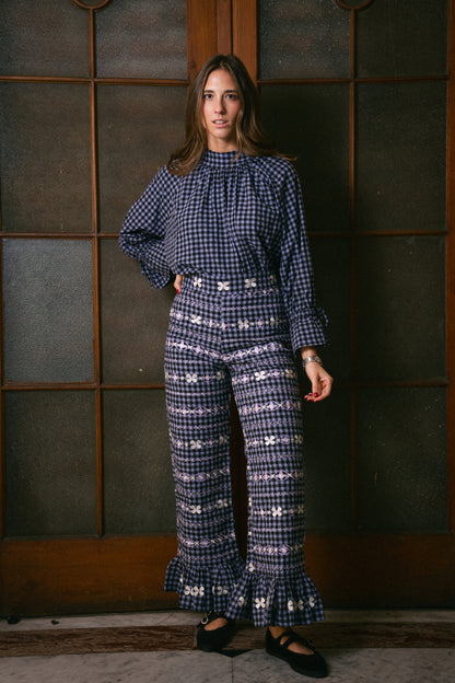 Pantalón Vuelo Bordado Vichy Azul